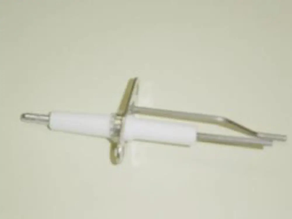 Ionisationselektrode von Remeha mit einem metallischen Halter und einem weißen Kunststoffteil, geeignet für den Einsatz in bestimmten Heizsystemen.